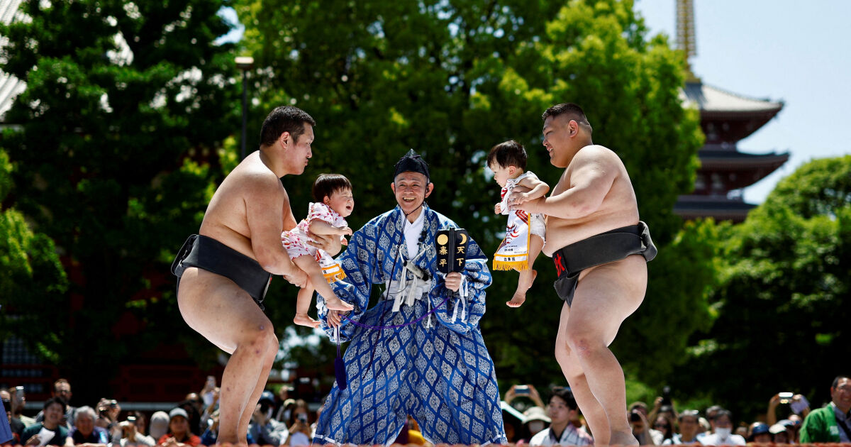 100 ревящи бебета премериха сили“ в дохьото, рингът за сумо,