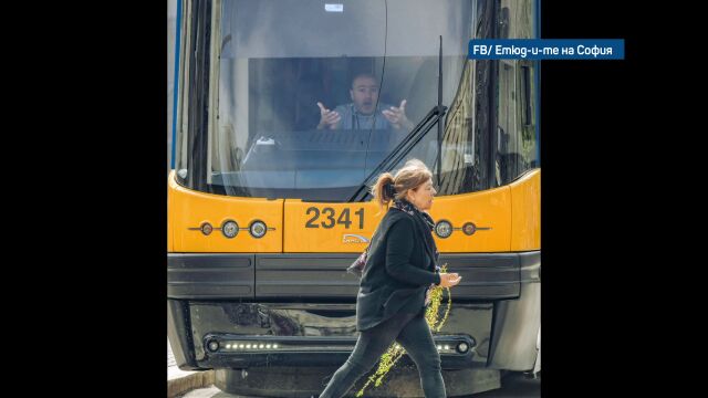 Снимката на забързана жена с върбови клонки пред потеглящ трамвай