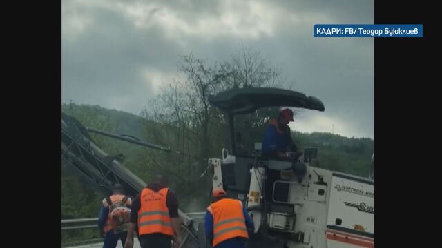 Работници са заснети да изсипват асфалт в гората край пътя