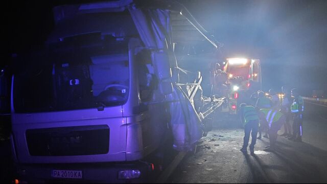 Тир удари леко товарен камион спрял в аварийната лента на магистрала
