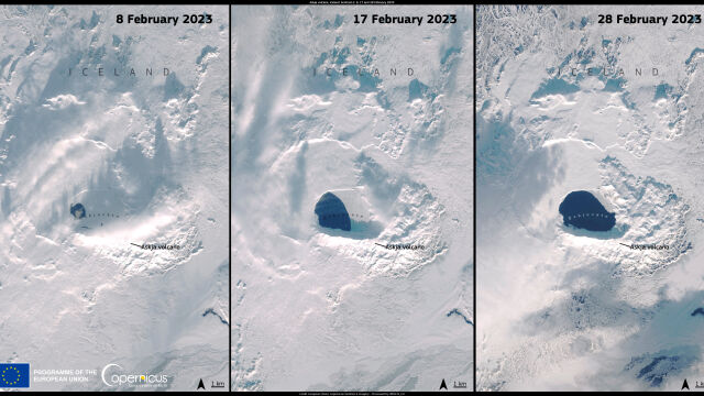 Сателитни снимки показват топенето на ледовете на езеро при вулканичните