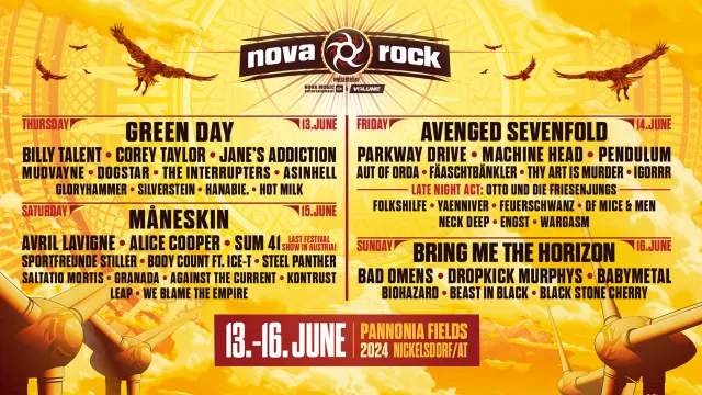 Green Day, Avenged Sevenfold, Maneskin и Bring Me The Horizon са хедлайнери на Nova Rock 2024