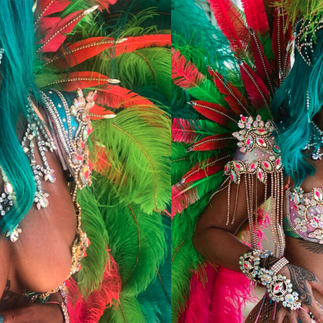 Риана влуди Инстаграм с тюркоазена коса и екзотичен карнавален костюм