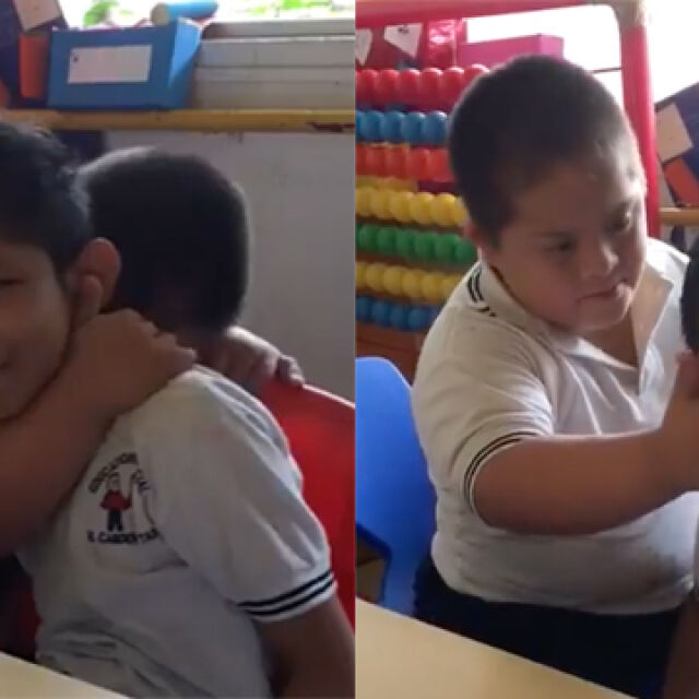 Приятелство без граници: Дете със Синдром на Даун утешава свой приятел аутист (ВИДЕО)