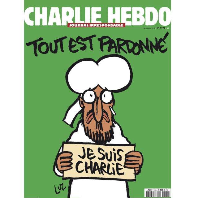 Пророкът Мохамед от първата страница на новия брой на „Шарли Ебдо": Аз съм Шарли