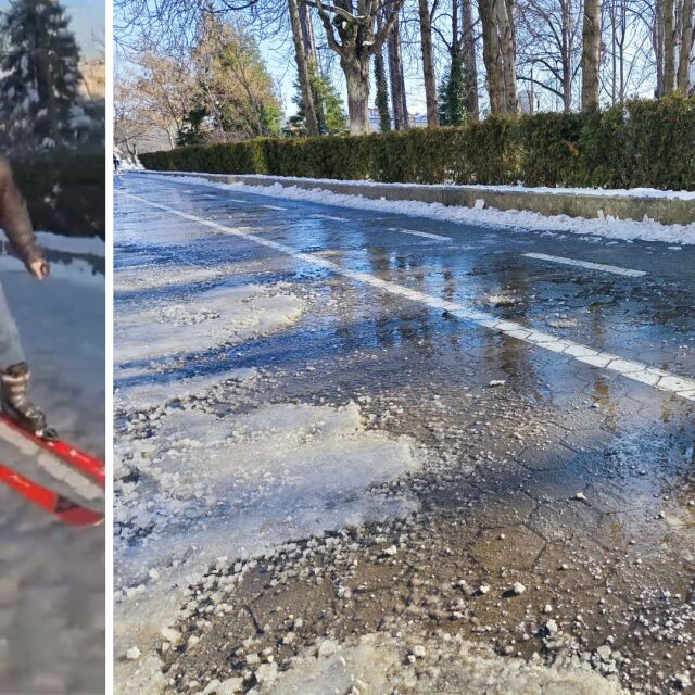София ми е Боровец: Мъж кара ски по заледен тротоар до НДК (ВИДЕО)