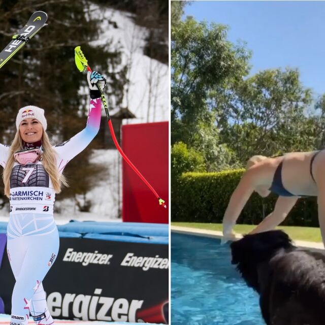 Линдзи Вон показа перфектно тяло, докато учи кучето си да плува