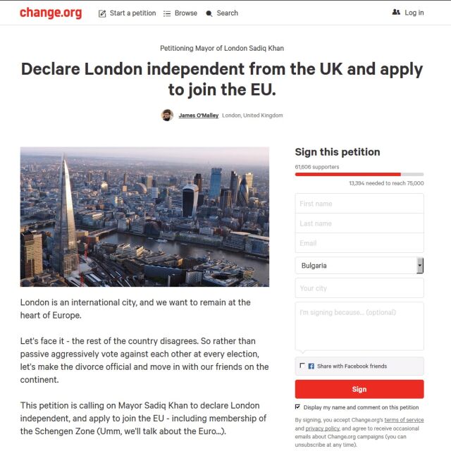 Лондончани събират подписи за независимост и оставане в ЕС