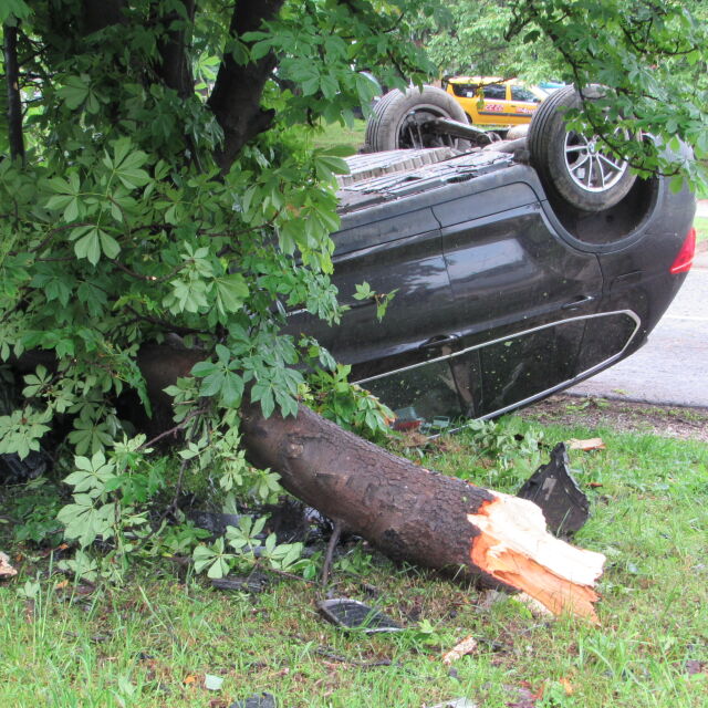 Кола по таван след удар в пътен знак и дърво: 20-годишна румънка е в болница (СНИМКИ)