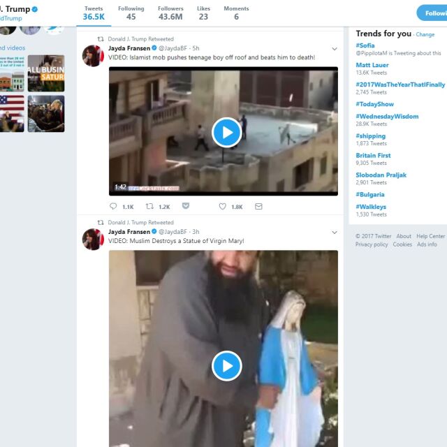 Акаунтът на Доналд Тръмп в „Туитър” публикува антиислямски видеа