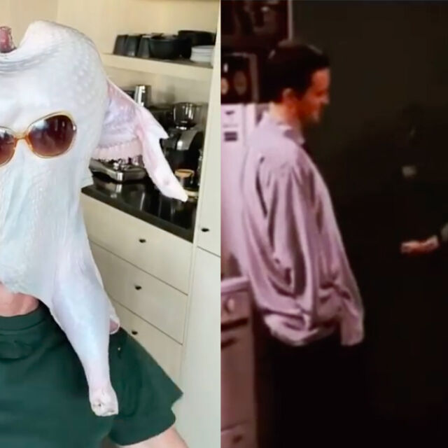 Кортни Кокс пресъздаде сцената от "Приятели", в която танцува с пуйка на главата (ВИДЕО)