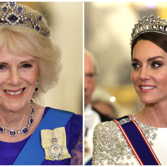 Парад на скъпоценностите: Кейт и Камила в перли, гривни и диадеми със сапфири