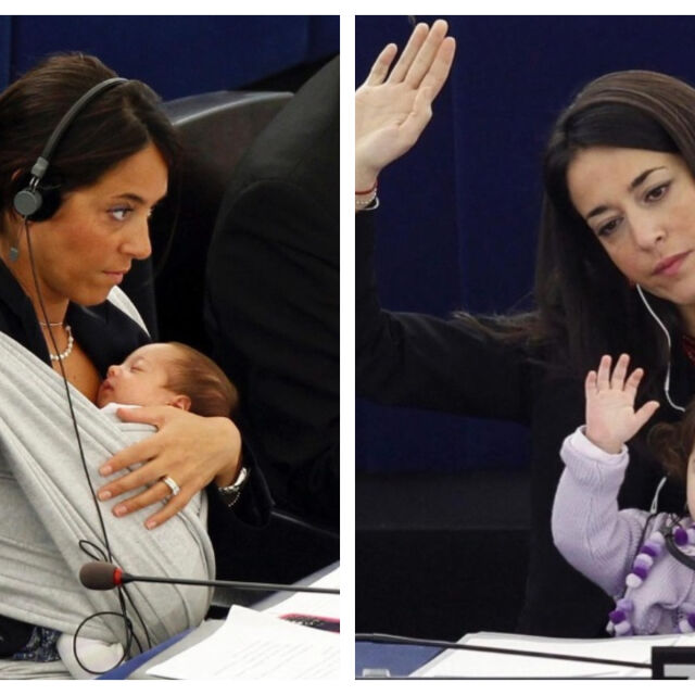 Личия Ронзули, която вместо куфарче, носеше новороденото си бебе в парламента