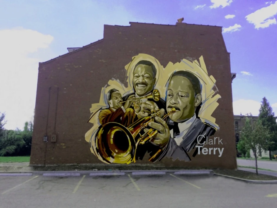 Огромен портрет на Кларк Тери върху стена на сграда в родния град на легендарния музикант