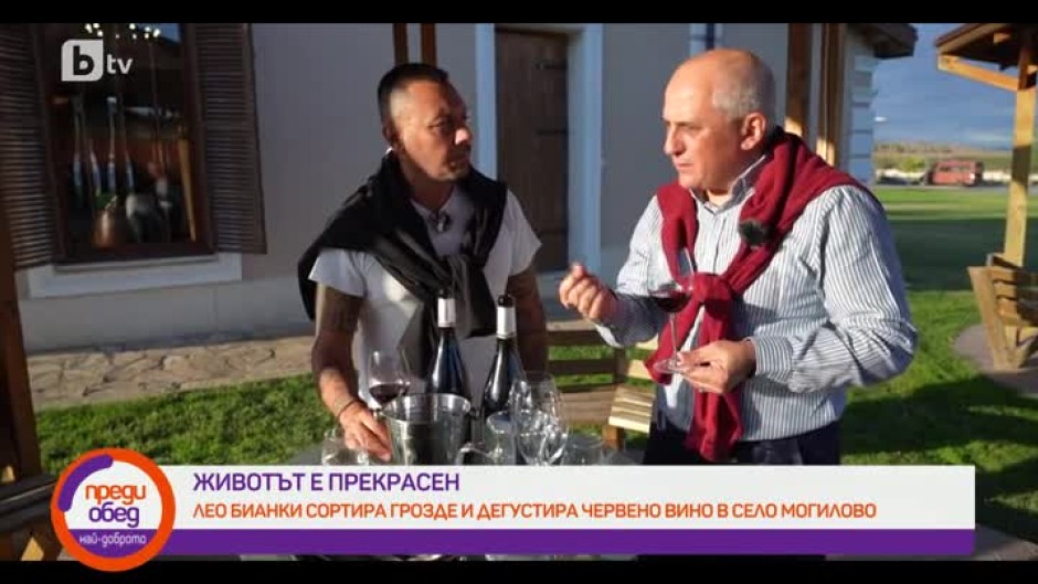 Лео Бианки сортира грозде и дегустира българско червено вино в село Могилово