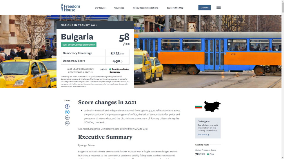 „Фрийдъм Хаус“: България продължава да се плъзга към „хибриден режим“