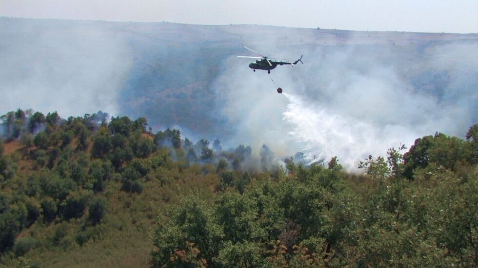 Пожарникари, горски и вертолет се борят с пламъците край Лесово