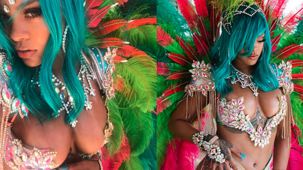 Риана влуди Инстаграм с тюркоазена коса и екзотичен карнавален костюм