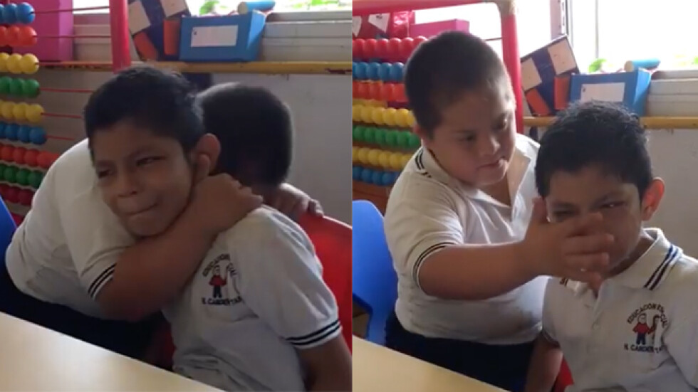 Приятелство без граници: Дете със Синдром на Даун утешава свой приятел аутист (ВИДЕО)