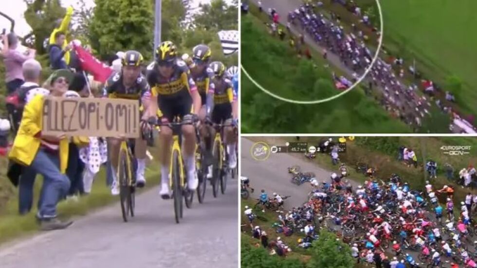 Фенка с картонен надпис предизвика масово падане на Тур дьо Франс (ВИДЕО)