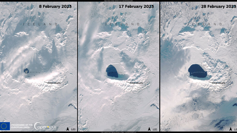 Сателитни снимки показват топенето на ледовете на вулканичен кратер в Исландия